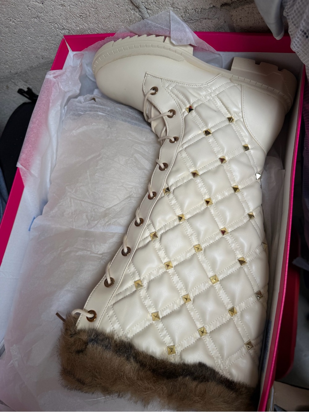 Women’s Cream Quilted Lace-Up Boot with Fur Trim